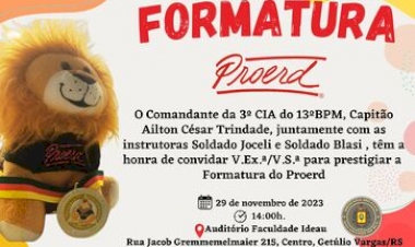 Getúlio Vargas - Formatura PROERD: mais de 170 crianças  irão receber seus certificados