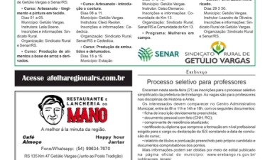 Sindicato Rural de Getúlio Vargas - Cursos em parceria com Senar/RS para o mês de julho /  Erebango - Processo seletivo para professores