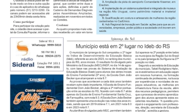 Consulta Popular 2024 - Votação encerra às 23h50min desta sexta-feira /  Ipiranga do Sul - Município está em 2º lugar no Ideb do RS