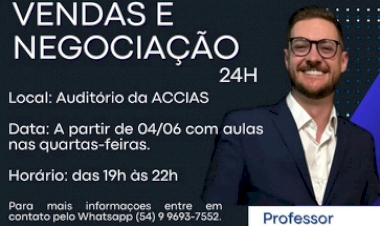 INSCRIÇÕES PARA O CURSO DE TÉCNICAS EM VENDAS E NEGOCIAÇÃO DA ACCIAS VÃO ATÉ SEXTA DIA 23/05