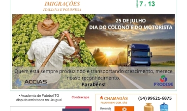 A FOLHA REGIONAL. Ano 25, nº 1.337. Getúlio Vargas RS, 25/7/2025. Especial Dia do Colono e Motorista