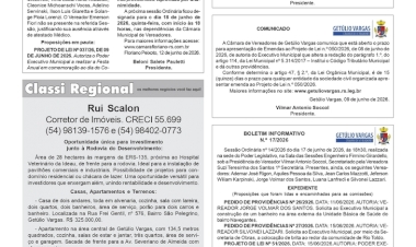 Boletim Informativo nº 17/2026 da Câmara de Vereadores de Getúlio Vargas / Boletim Informativo da Câmara de Vereadores de Floriano Peixoto / Classificados