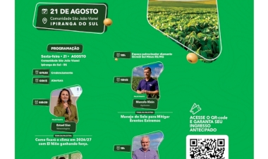 XIII Fórum Norte Gaúcho da Soja, dia 21 de agosto em Ipiranga do Sul. Garanta a sua inscrição pelo QR code.