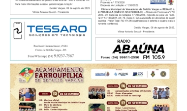 Câmara de Vereadores de Getúlio Vargas - Boletim Informativo nº 23/2026 Câmara de Vereadores de Getúlio Vargas - Extrato Programação do 16º Acampamento Farroupilha de Getúlio Vargas - De 12 a 20 de setembro. Public. Legal.