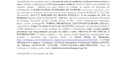Prefeitura Municipal de Eebango - Aviso de Licitação - Concorrência Pública (presencial)   Nº 006/2026 - Processo Administrativo de Contratação Nº 038/2026