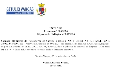 Câmara de Vereadores de Getúlio Vargas - Extrato - Processo 806/2026 - Dispensa de Licitação 249/2026.