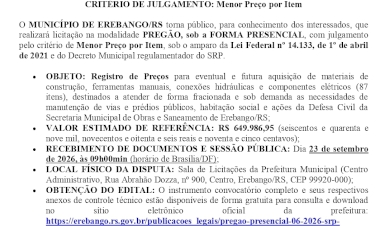 Prefeitura Municipal de Erebango.  Aviso de Licitação - Pregão Presencial nº  06/2026