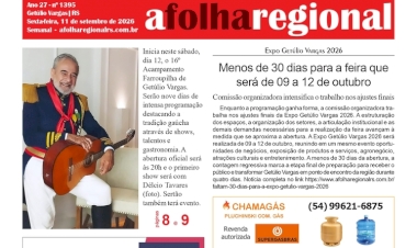 A FOLHA REGIONAL. Ano 27, nº 1.394. Getúlio Vargas RS, 11 de setembro de 2026.