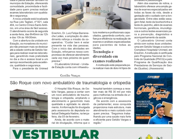 Laboratório Unimed inicia atendimentos na cidade de Estação /   Hospital São Roque com novo ambulatório de traumatologia e ortopedia.