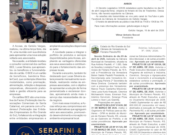 Accias amplia vantagem para seus associados; Boletins das Câmaras de Floriano Peixoto e Getúlio Vargaas.