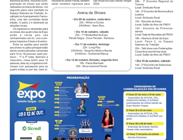 Expo Getúlio Vargas 2026 - Arena de Shows e palco 2 terão atrações culturais nos quatro dias de feira