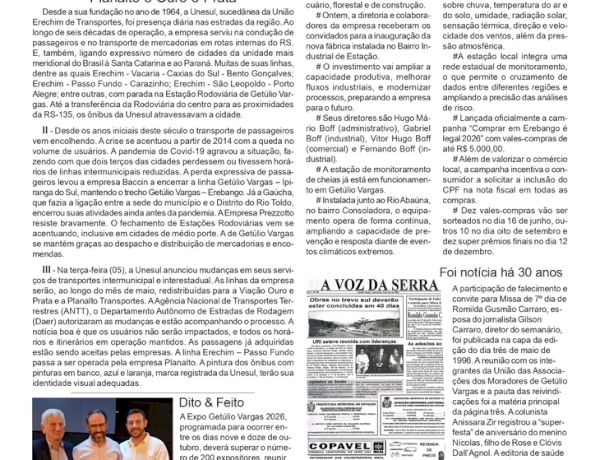 Sai a Unesul e entram a Planalto e Ouro e Prata, por Neivo A T Fabris. Edição de 08/5/2026