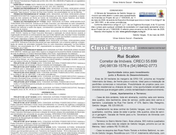 Boletim Informativo da Câmara de Vereadores de Getúlio Vargas. /  Editais /  Classificado Regional l