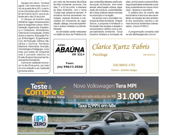 URI Erechim abre as inscrições para o vestibular de inverno / Programação da Semana do Meio Ambiente
