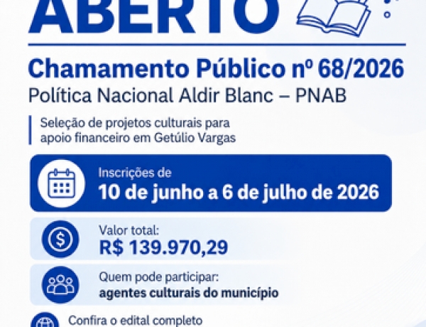 Prefeitura de Getúlio Vargas abre edital da Política Nacional  Aldir Blanc com mais de R$ 139 mil para projetos culturais