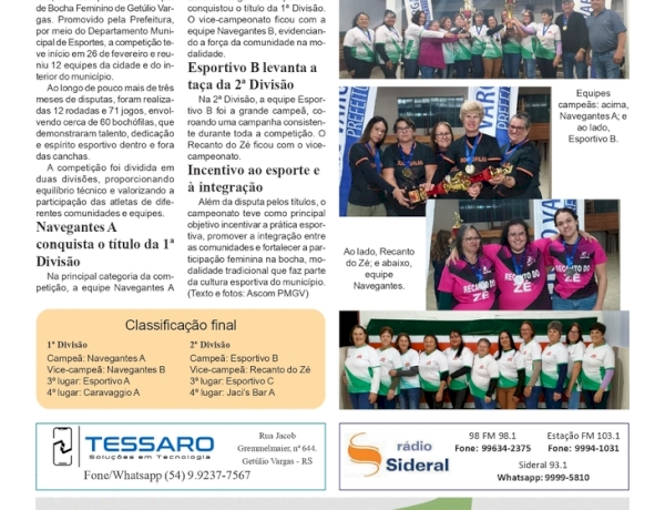 Navegantes A e Esportivo B conquistam o título do 6º Campeonato Municipal Feminino de Getúlio Vargas