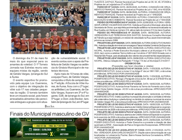 Torneio Jornada nas Estrelas de Voleibol é disputado por seis equipes da região. Boletim da Câmara de Vereadores de Getúlio Vargas.