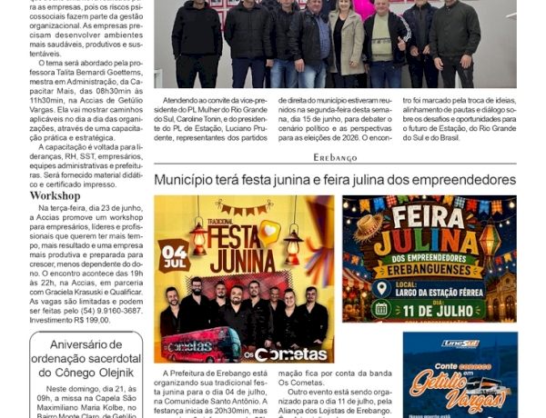Capacitação e workshop na Accias / PL Mulher / Aniversário de ordenação sacerdotal do Cônego / Festa Junina dos Empreendedores em Erebango