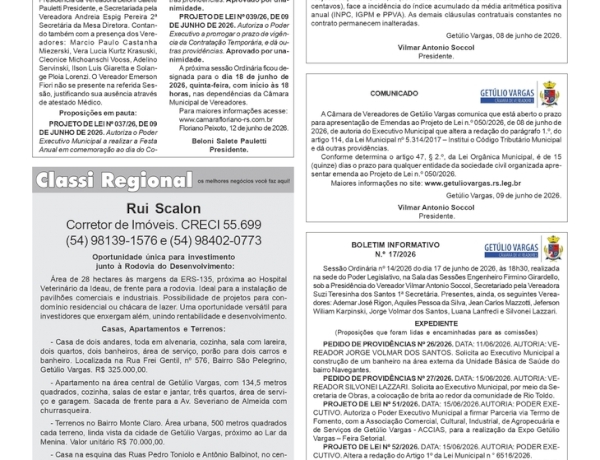 Boletim Informativo nº 17/2026 da Câmara de Vereadores de Getúlio Vargas / Boletim Informativo da Câmara de Vereadores de Floriano Peixoto / Classificados