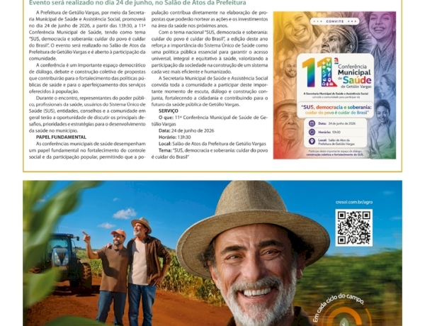11ª Conferência Municipal de Saúde de Getúlio Vargas debaterá o fortalecimento do SUS e a participação da comunidade