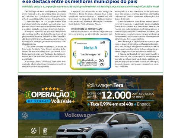 Getúlio Vargas conquista Selo Nota A do Tesouro Nacional e se destaca entre os melhores municípios do país