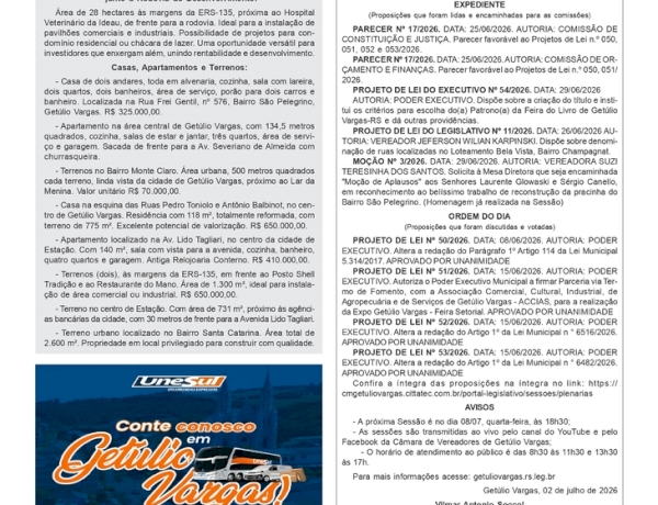 Boletim Informativo nº 19/2026  da CMV de GV /Classificados Regional