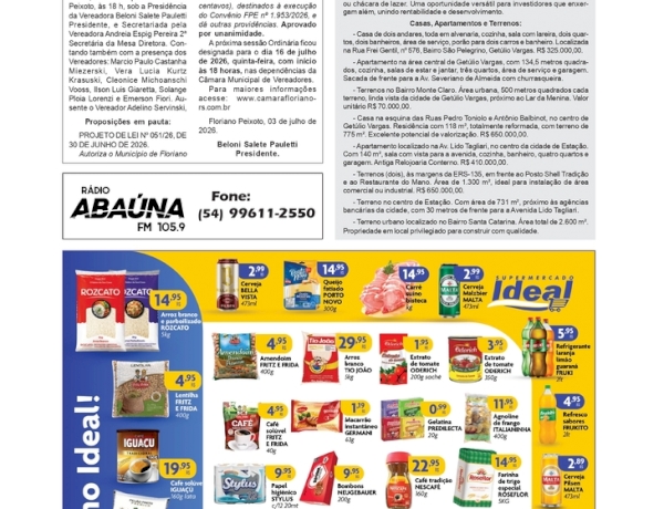 Classificados Regional – Imóveis / Boletim 17/2026 da Câmara de Floriano Peixoto