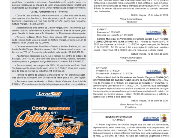 Câmara de Vereadores de Getúlio Vargas - Boletim Informativo nº 21/2026 Termo Aditivo e Extratos.. Classificados 