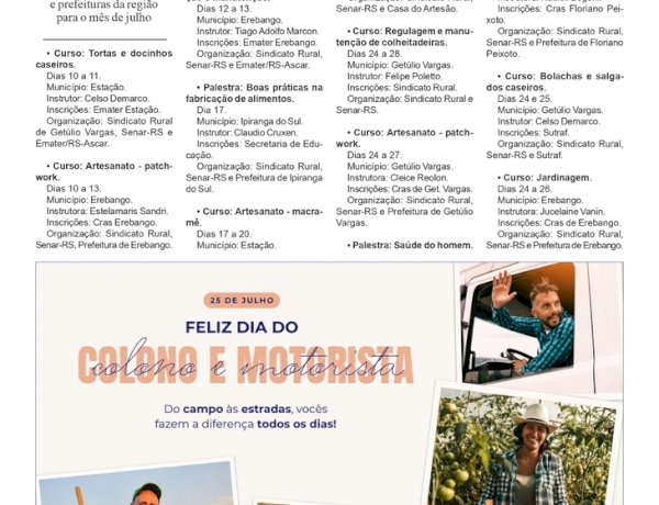 Cursos do Sindicato Rural de Getúlio Vargas e Senar-RS para agosto