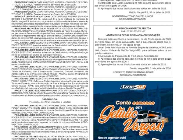 - Boletim Informativo da Câmara de Vereadores de Getúlio Vargas nº 22/2026. - Edital NS Gestão de Saúde. - Edital NS Medicina Hospitalar.