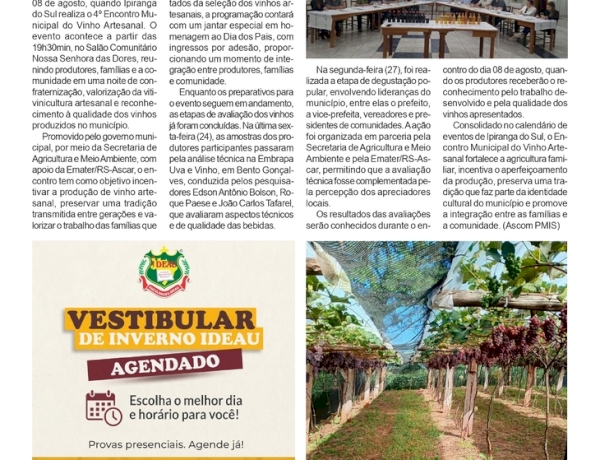 4º Encontro Municipal do Vinho Artesanal no dia 8 de agosto em Ipiranga do Sul