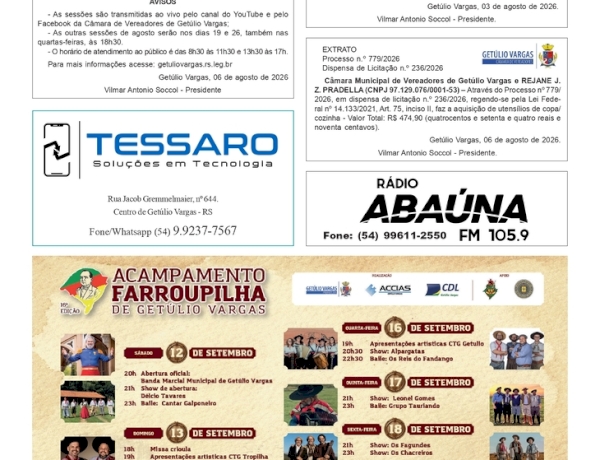 Câmara de Vereadores de Getúlio Vargas - Boletim Informativo nº 23/2026 Câmara de Vereadores de Getúlio Vargas - Extrato Programação do 16º Acampamento Farroupilha de Getúlio Vargas - De 12 a 20 de setembro. Public. Legal.
