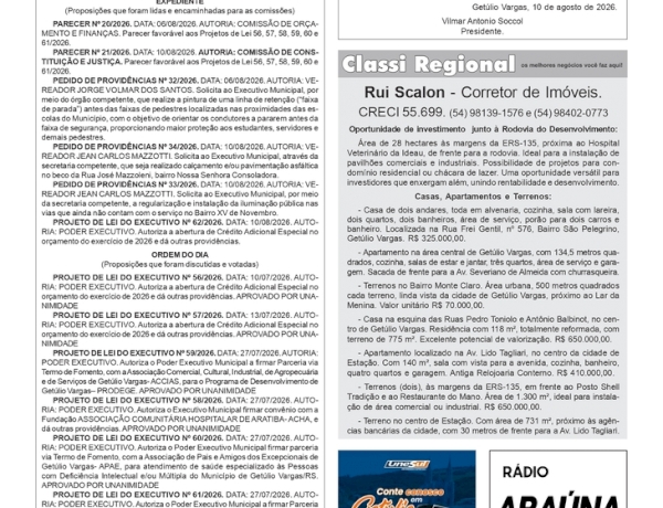 - Câmara de Vereadores de Getúlio Vargas - Boletim Informativo nº 24/2026 e Extrato - Câmara de Vereadores de Floriano Peixoto - Boletim Informativo nº 20/2026 - Classificados 