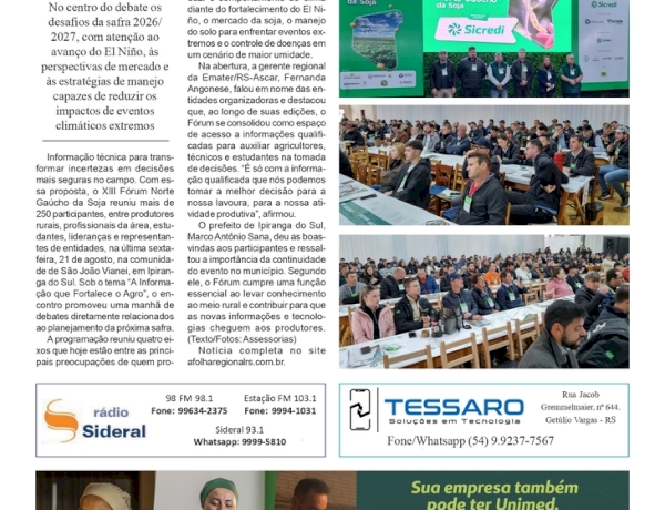 Mais de 250 produtores e especialistas reunidos para discutir clima, mercado e manejo no XIII Fórum Norte Gaúcho da Soja