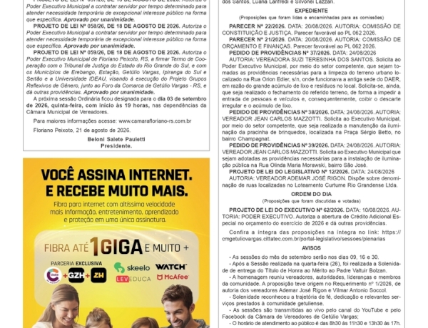 Boletins Informativos das Câmaras de Vereadores de Getúlio Vargas e Floriano Peixoto