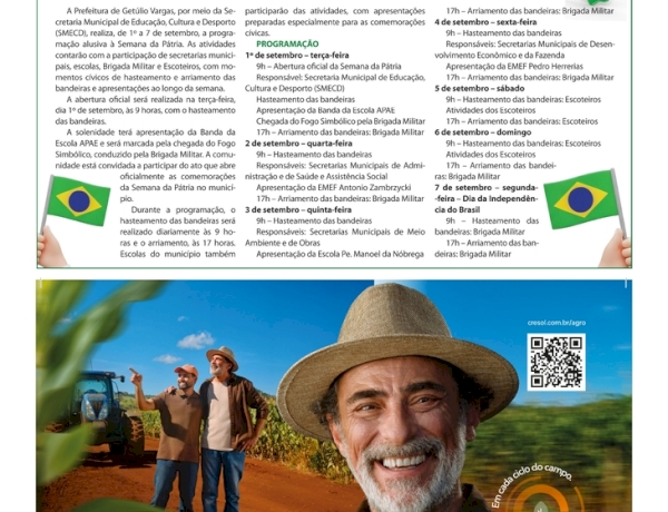 Semana da Pátria terá programação de 1º a 7 de setembro em Getúlio Vargas