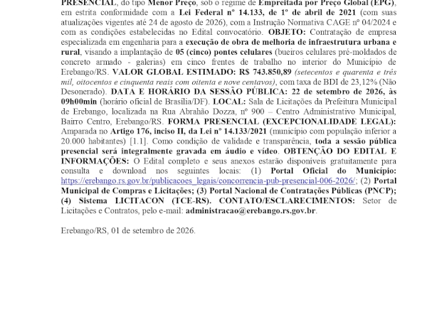 Prefeitura Municipal de Eebango - Aviso de Licitação - Concorrência Pública (presencial)   Nº 006/2026 - Processo Administrativo de Contratação Nº 038/2026