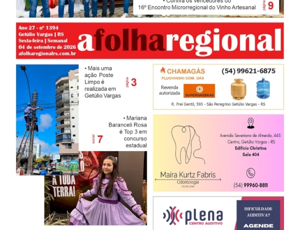 A FOLHA REGIONAL, Ano 27, nº 1.393. Getúlio Vargas RS, 04 de setembro de 2026.