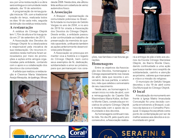 Restauração da estátua do Cônego Stanislaw Olejnik será entregue neste sábado.