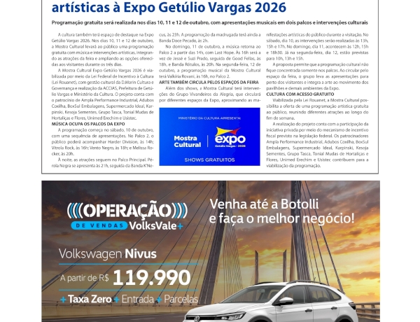 Mostra Cultural leva música e intervenções artísticas à Expo Getúlio Vargas 2026