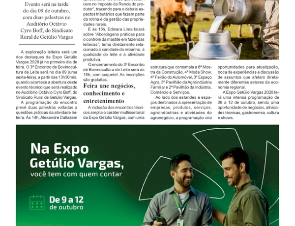 3º Encontro de Bovinocultura de Leite será um dos destaques da programação da Expo Getúlio Vargas 2026