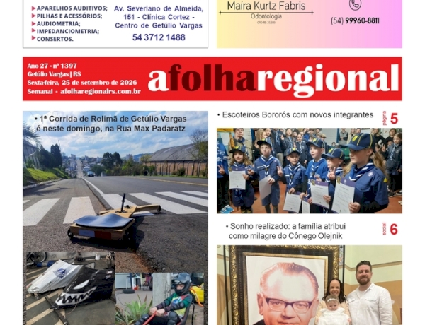 A FOLHA REGIONAL. Ano 27, nº 1.396. Getúlio Vargas RS, 25 de setembro de 2026.