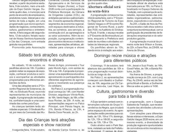 Expo Getúlio Vargas 2026 começa na próxima sexta-feira com quatro dias de negócios, cultura e entretenimento