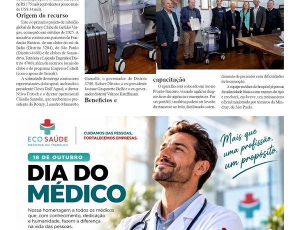 Especial Dia do Médico - Hospital São Roque recebe ultrassom portátil doado pelo Rotary