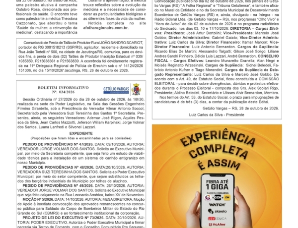 Palestra do Outubro Rosa aborda saúde integral da mulher e avanços da medicina em Getúlio Vargas
