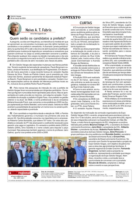 QUEM SERÃO OS CANDIDATOS A PREFEITO? Neivo A T Fabris / Coluna da edição de 08 de março de 2024.