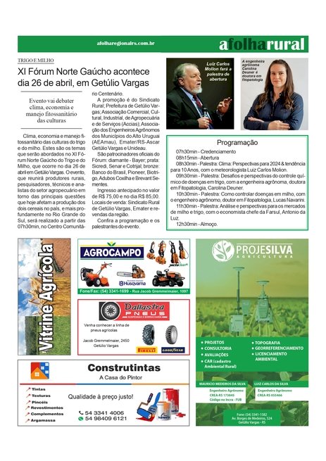 XI Fórum Norte Gaúcho do Trigo e Milho  acontece dia 26 de abril em Getúlio Vargas