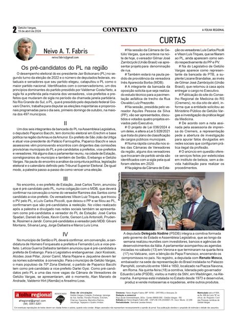 Os pré-candidatos do PL na região - Coluna da edição do dia 19 de abril de 2024 / Neivo A T Fabris.