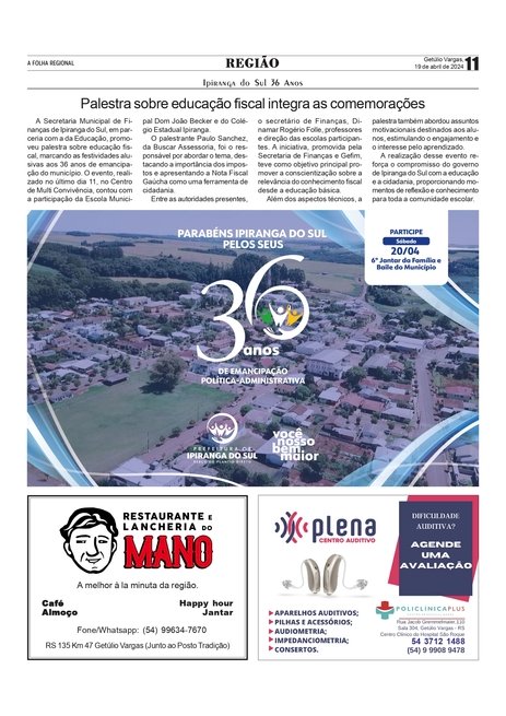 Ipiranga do Sul comemora seus 36 anos com programação especial