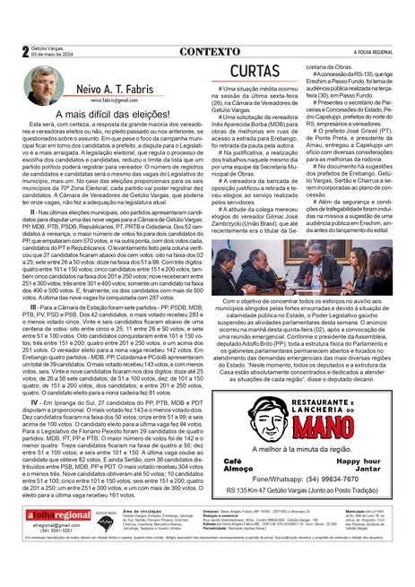 A mais difícil das eleições! - Coluna Contexto da edição de 03 de maio de 2024 / Neivo A T Fabris.